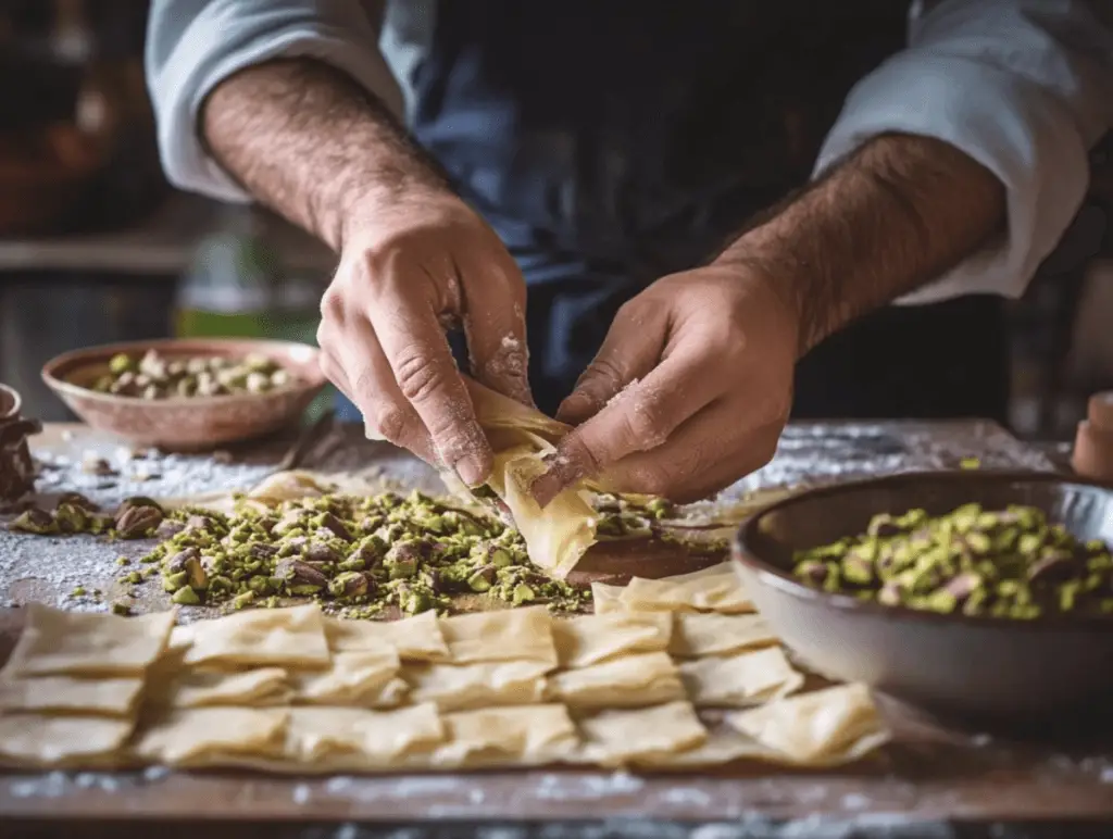 A baker’s hands preparing Lebanese baklava with phyllo dough and pistachios.